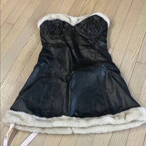 Black Faux Leather Mini Dress with Fur Trim